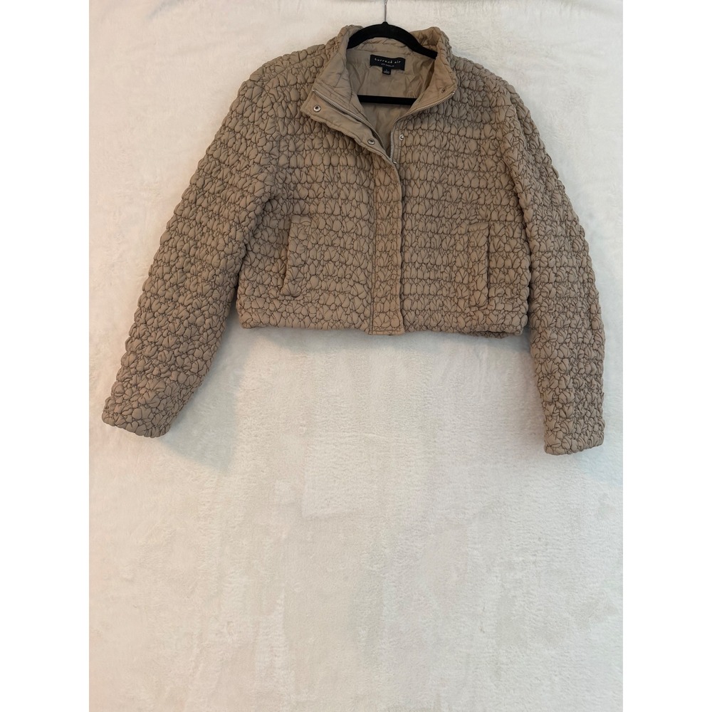 Current Air Tan Cropped Puffer Jacket Womens Large Popcorn Smocked Zip Up Beige